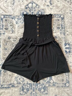 Full Circle Trends Black Smocked Waist Tie-Front Women's Shorts Romper